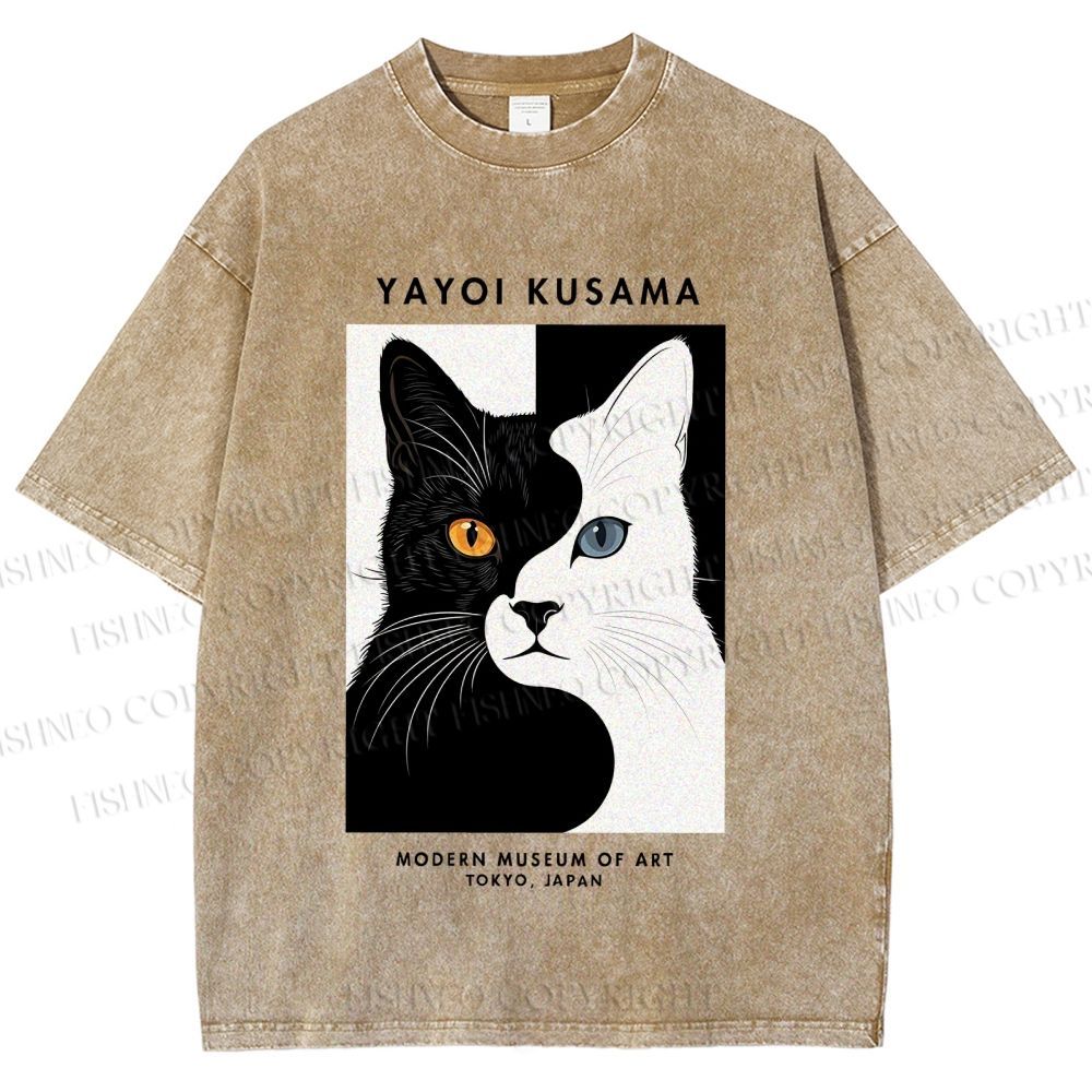 Unisex Yayoi Kusama Black White Cat Printed Washed Tee