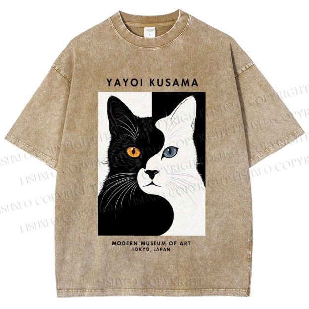 Unisex Yayoi Kusama Black White Cat Printed Washed Tee