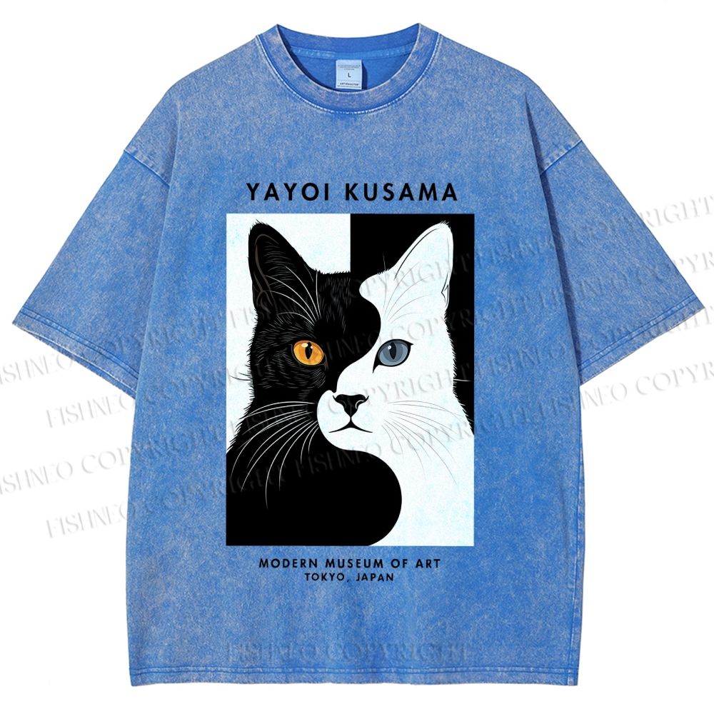 Unisex Yayoi Kusama Black White Cat Printed Washed Tee
