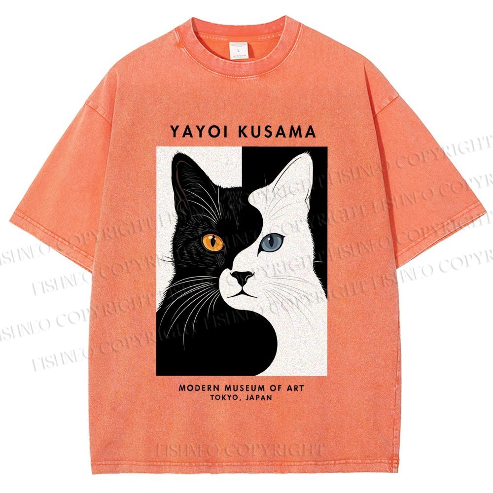 Unisex Yayoi Kusama Black White Cat Printed Washed Tee