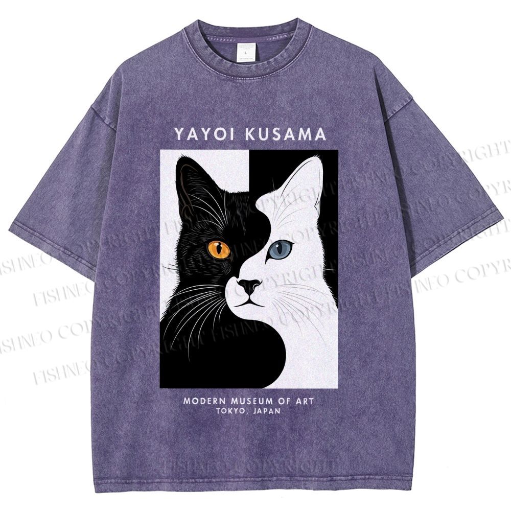 Unisex Yayoi Kusama Black White Cat Printed Washed Tee
