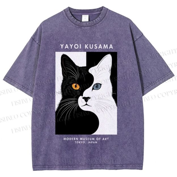 Unisex Yayoi Kusama Black White Cat Printed Washed Tee