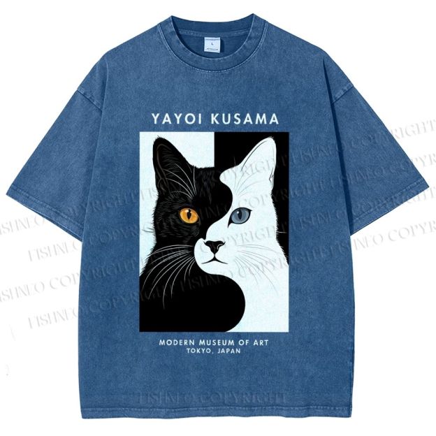 Unisex Yayoi Kusama Black White Cat Printed Washed Tee