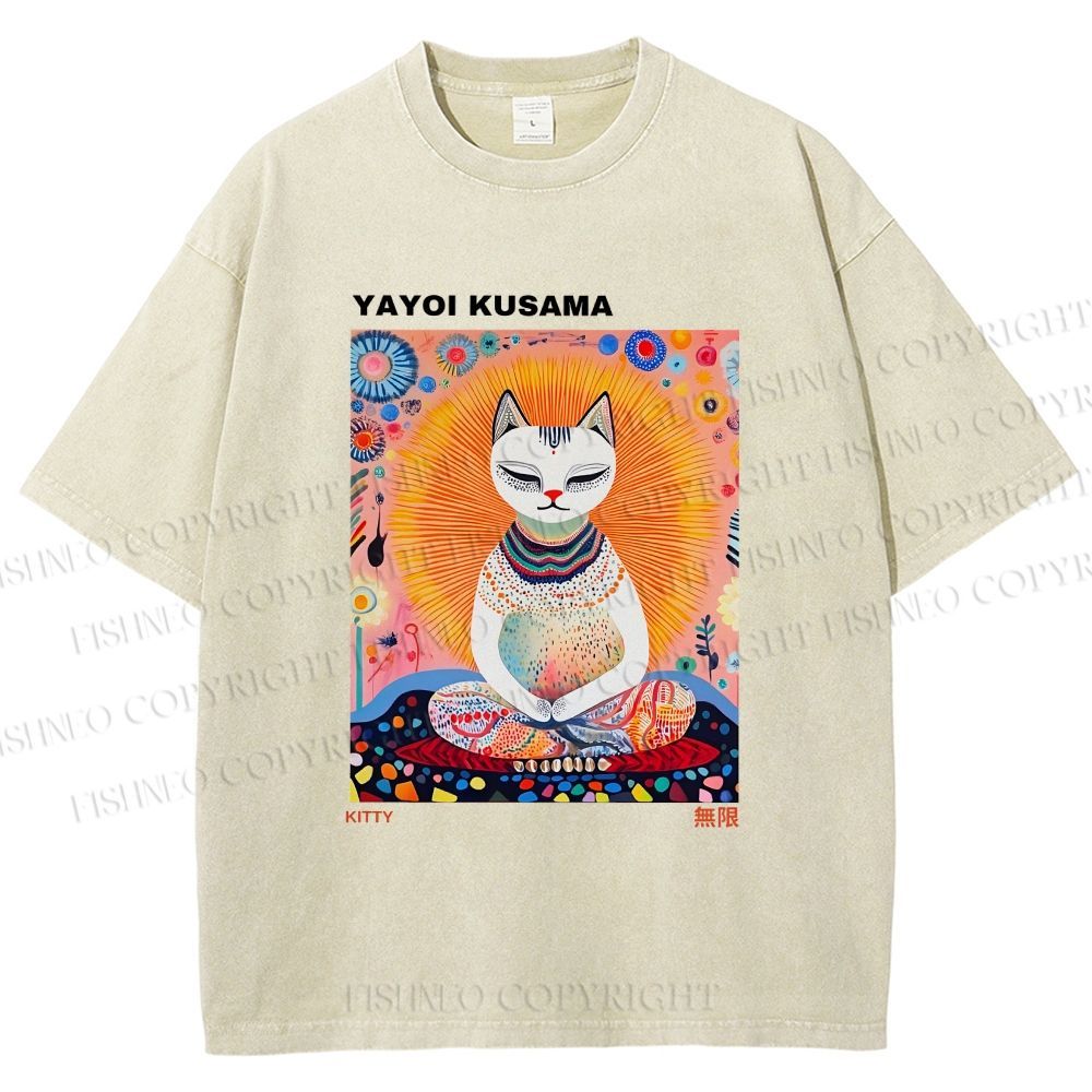 Unisex Yayoi Kusama Meditating Cat Printed Washed Tee