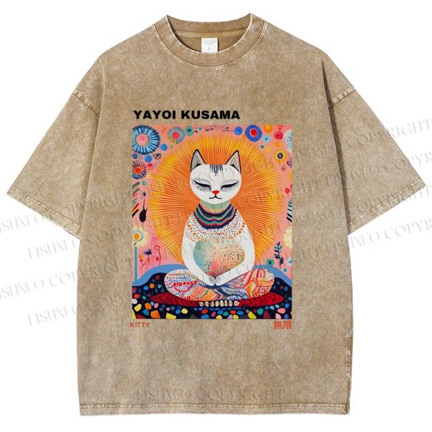 Unisex Yayoi Kusama Meditating Cat Printed Washed Tee