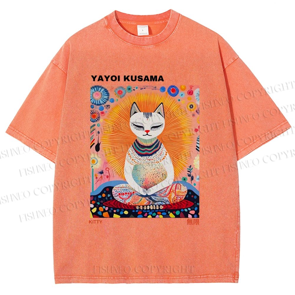 Unisex Yayoi Kusama Meditating Cat Printed Washed Tee