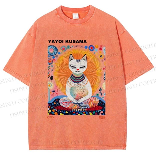 Unisex Yayoi Kusama Meditating Cat Printed Washed Tee