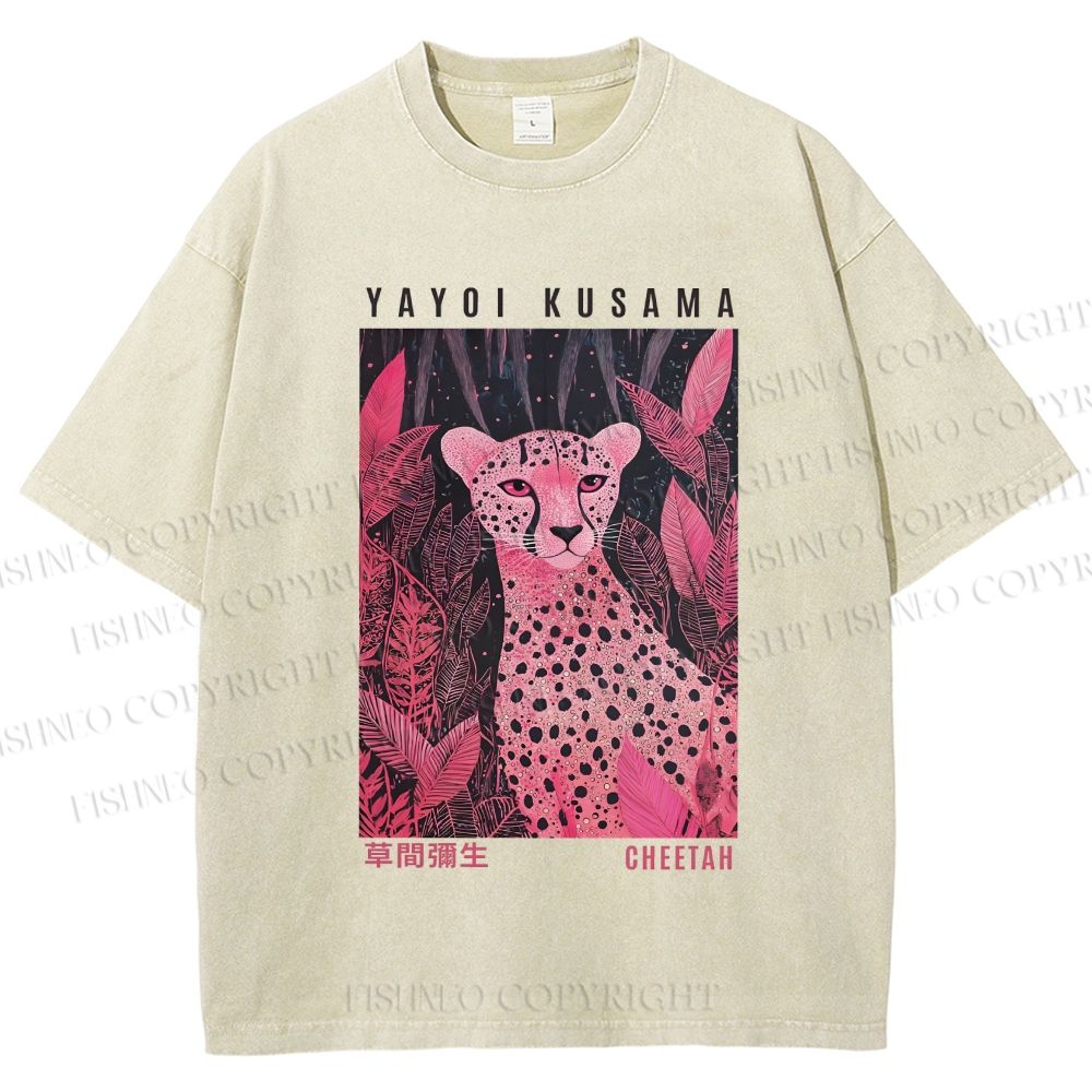 Unisex Yayoi Kusama Pink Jungle Leopard Printed Washed Tee