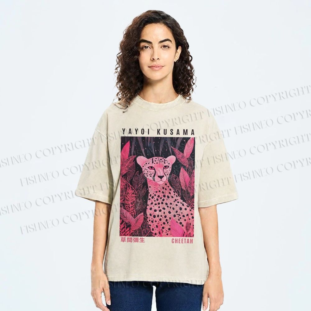 Unisex Yayoi Kusama Pink Jungle Leopard Printed Washed Tee