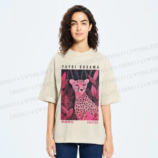 Unisex Yayoi Kusama Pink Jungle Leopard Printed Washed Tee