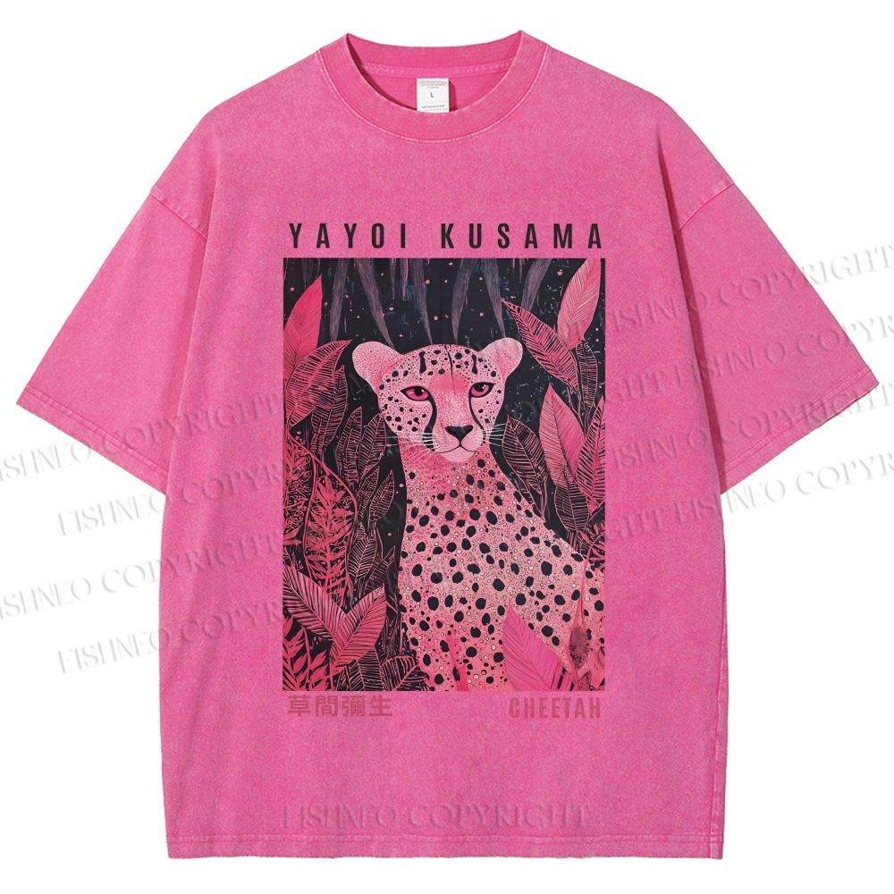 Unisex Yayoi Kusama Pink Jungle Leopard Printed Washed Tee