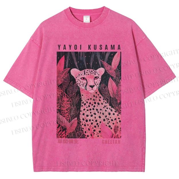 Unisex Yayoi Kusama Pink Jungle Leopard Printed Washed Tee