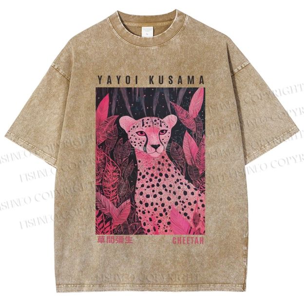 Unisex Yayoi Kusama Pink Jungle Leopard Printed Washed Tee