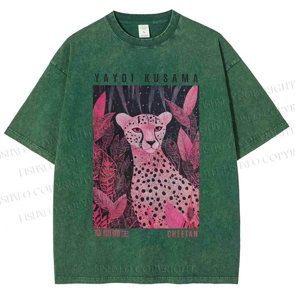 Unisex Yayoi Kusama Pink Jungle Leopard Printed Washed Tee