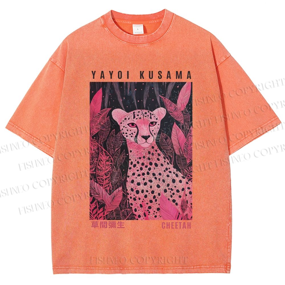 Unisex Yayoi Kusama Pink Jungle Leopard Printed Washed Tee