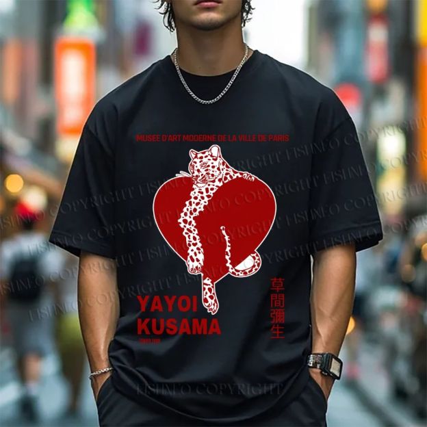 Unisex Classic Cotton Yayoi Kusama Panther With Heart Printed T-shirt