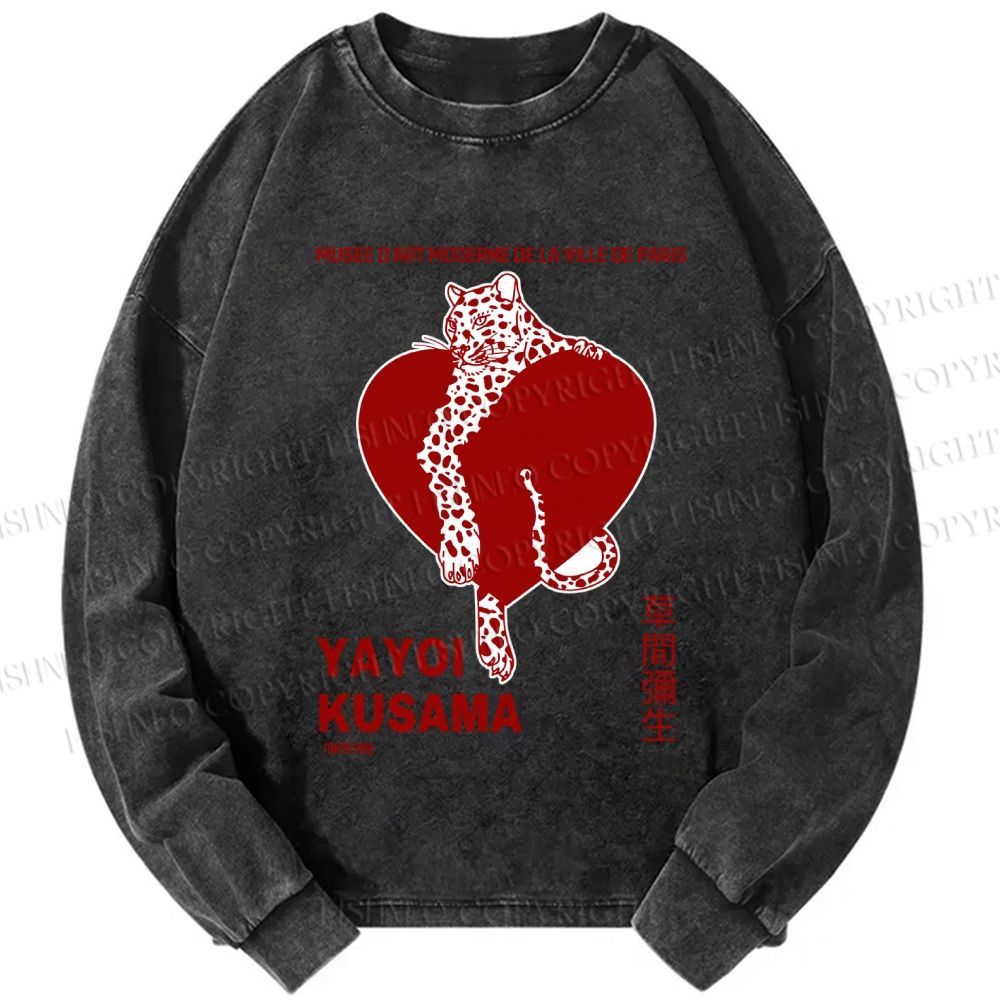 Unisex Casual Washed Yayoi Kusama Panther With Heart Printed Long Sleeve T-shirt