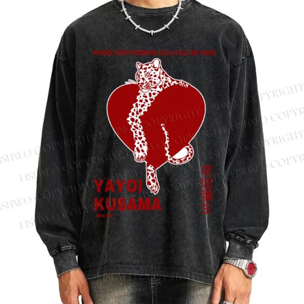 Unisex Casual Washed Yayoi Kusama Panther With Heart Printed Long Sleeve T-shirt