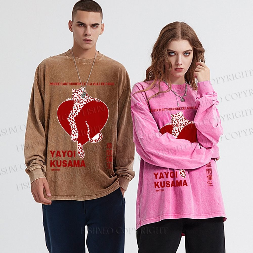 Unisex Casual Washed Yayoi Kusama Panther With Heart Printed Long Sleeve T-shirt