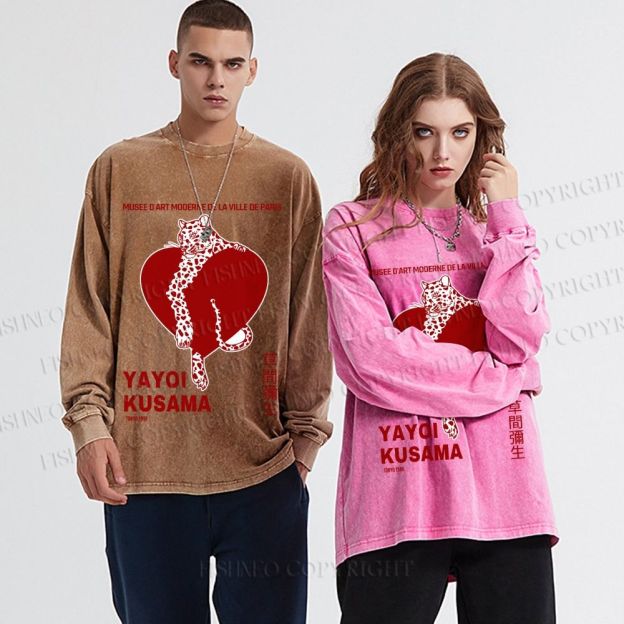 Unisex Casual Washed Yayoi Kusama Panther With Heart Printed Long Sleeve T-shirt