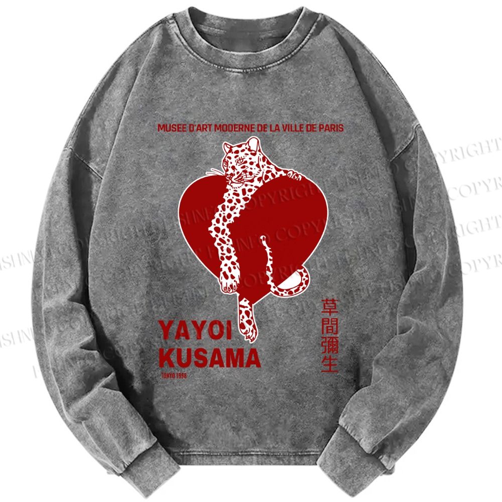 Unisex Casual Washed Yayoi Kusama Panther With Heart Printed Long Sleeve T-shirt