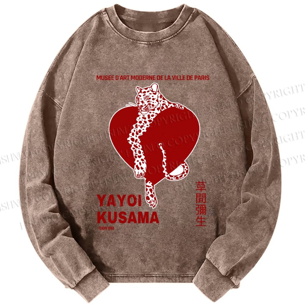 Unisex Casual Washed Yayoi Kusama Panther With Heart Printed Long Sleeve T-shirt