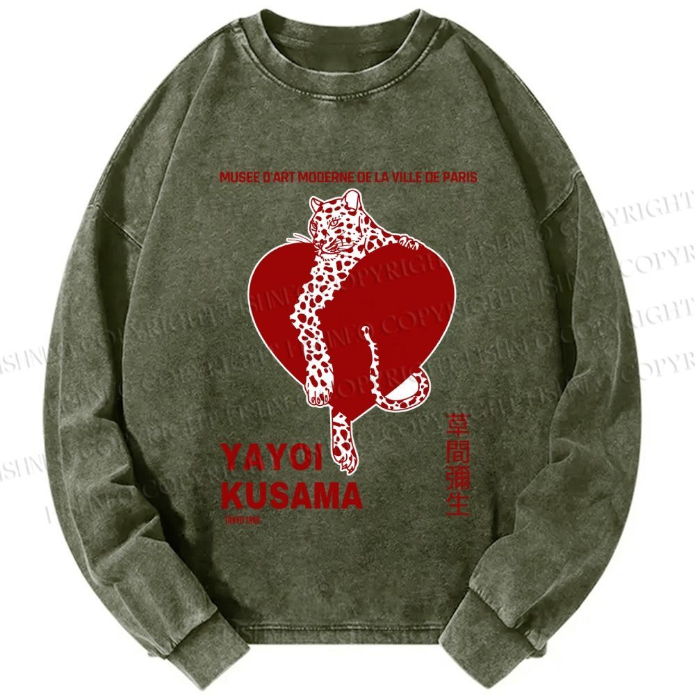 Unisex Casual Washed Yayoi Kusama Panther With Heart Printed Long Sleeve T-shirt