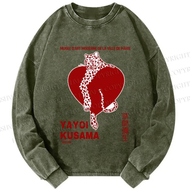 Unisex Casual Washed Yayoi Kusama Panther With Heart Printed Long Sleeve T-shirt