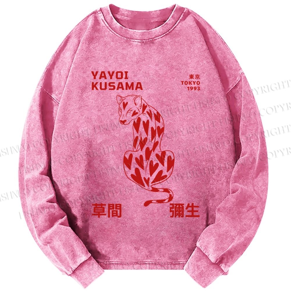 Unisex Casual Washed Yayoi Kusama Panther With Heart Printed Long Sleeve T-shirt