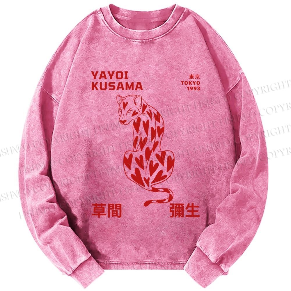 Unisex Casual Washed Yayoi Kusama Panther With Heart Printed Long Sleeve T-shirt