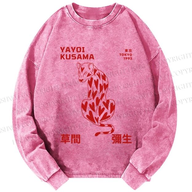 Unisex Casual Washed Yayoi Kusama Panther With Heart Printed Long Sleeve T-shirt
