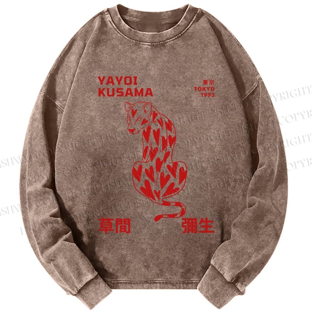 Unisex Casual Washed Yayoi Kusama Panther With Heart Printed Long Sleeve T-shirt