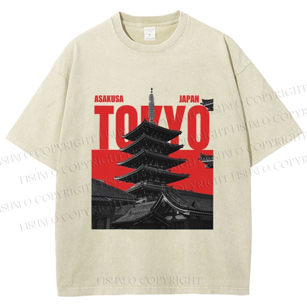 Unisex Japanese Tokyo Printed Washed Tee