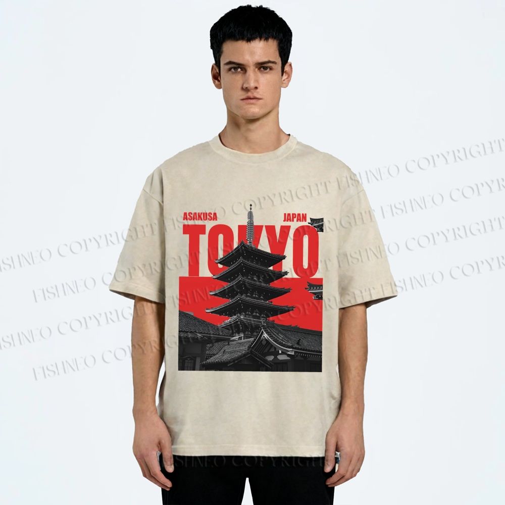 Unisex Japanese Tokyo Printed Washed Tee