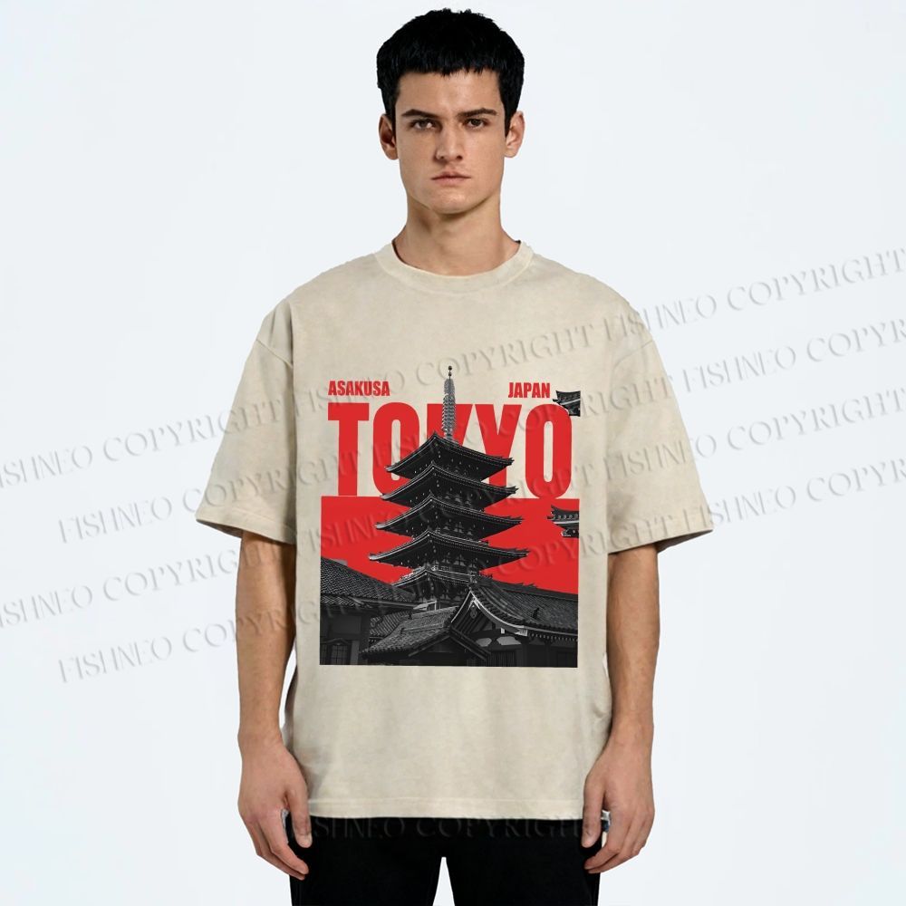 Unisex Japanese Tokyo Printed Washed Tee