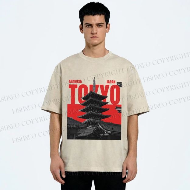 Unisex Japanese Tokyo Printed Washed Tee