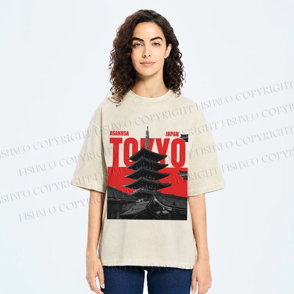 Unisex Japanese Tokyo Printed Washed Tee