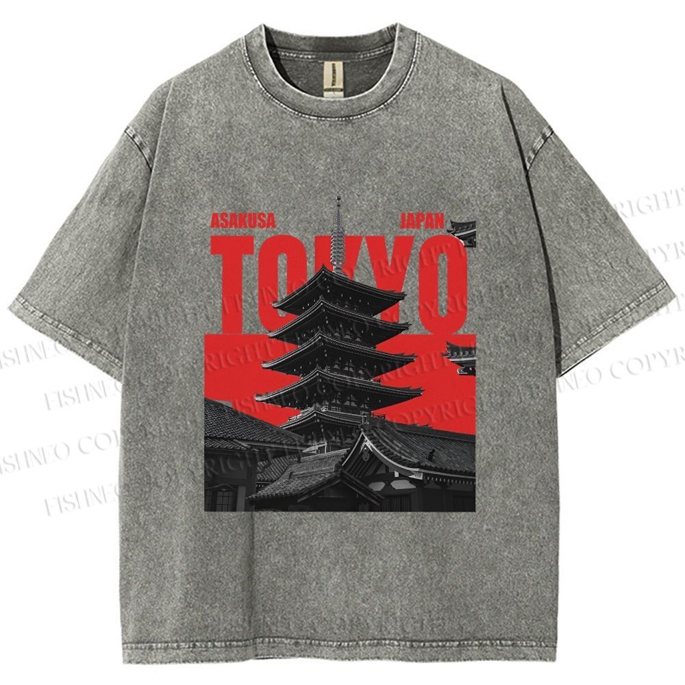Unisex Japanese Tokyo Printed Washed Tee