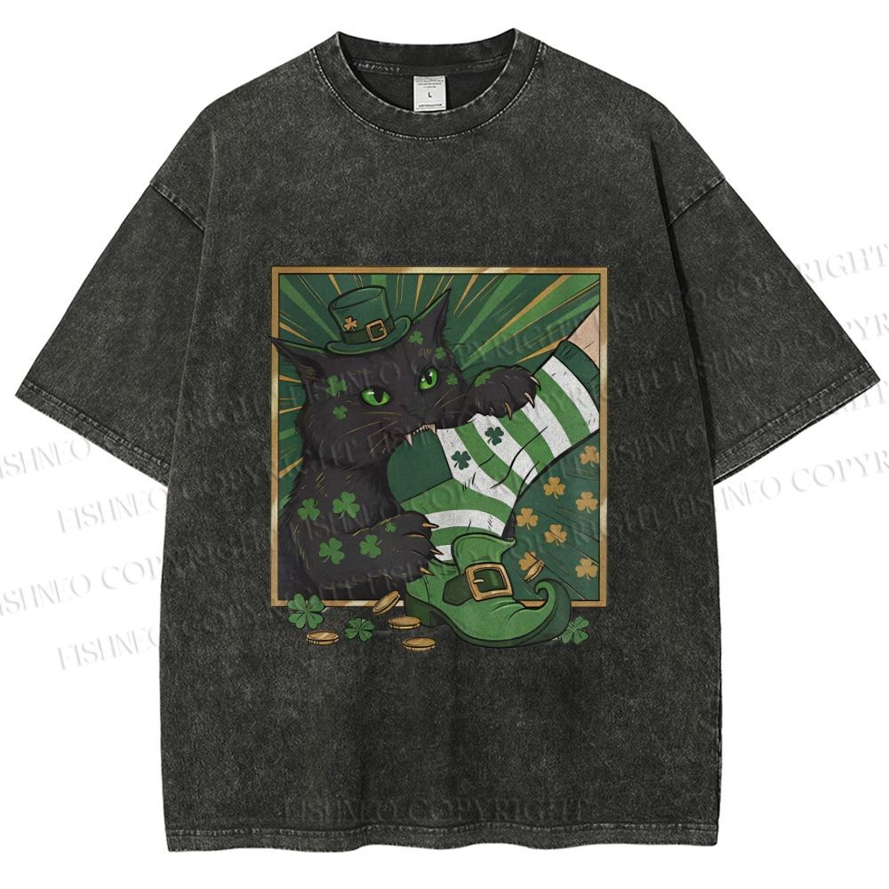 Unisex St.Patrick's Lucky Cat Printed Washed Tee