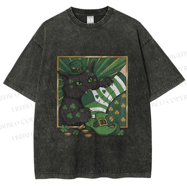Unisex St.Patrick's Lucky Cat Printed Washed Tee