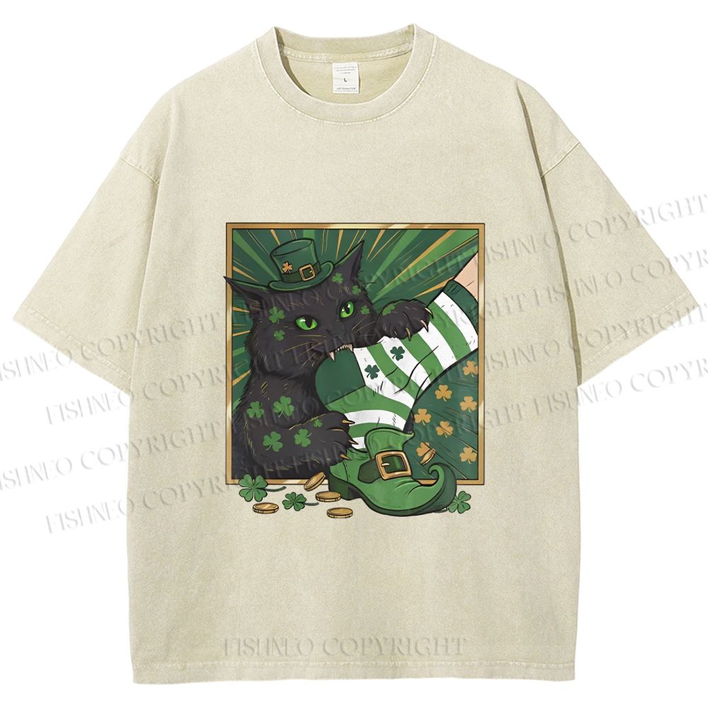 Unisex St.Patrick's Lucky Cat Printed Washed Tee