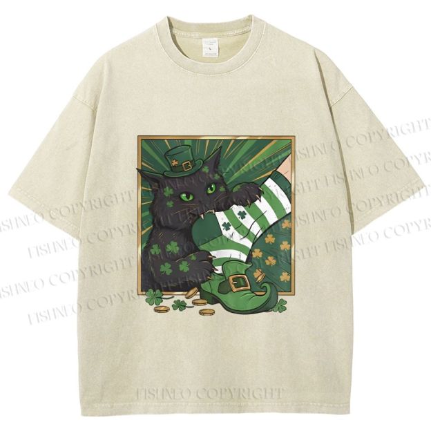 Unisex St.Patrick's Lucky Cat Printed Washed Tee