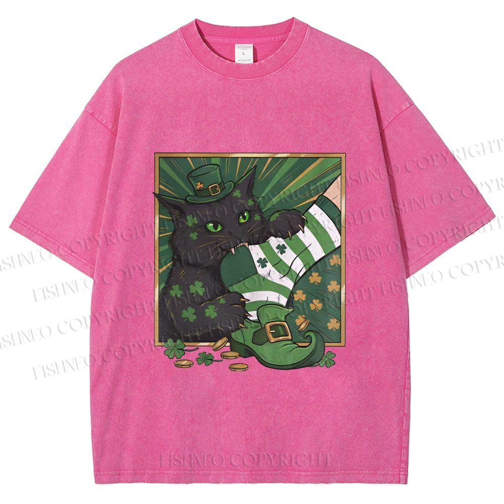 Unisex St.Patrick's Lucky Cat Printed Washed Tee