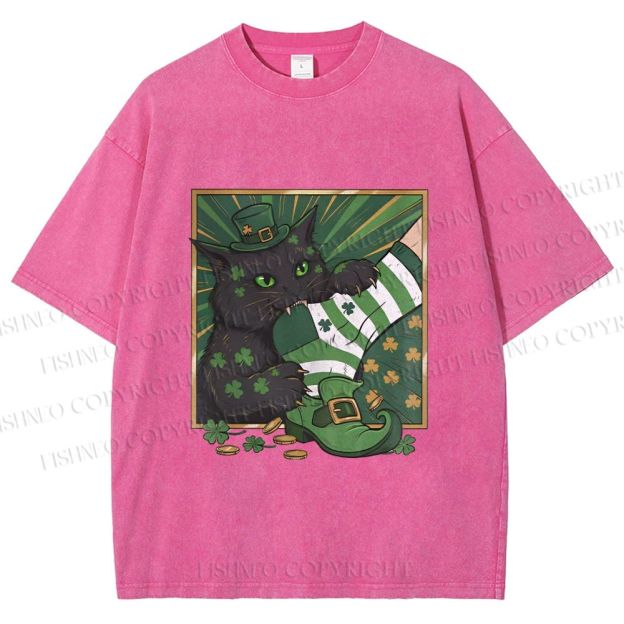 Unisex St.Patrick's Lucky Cat Printed Washed Tee
