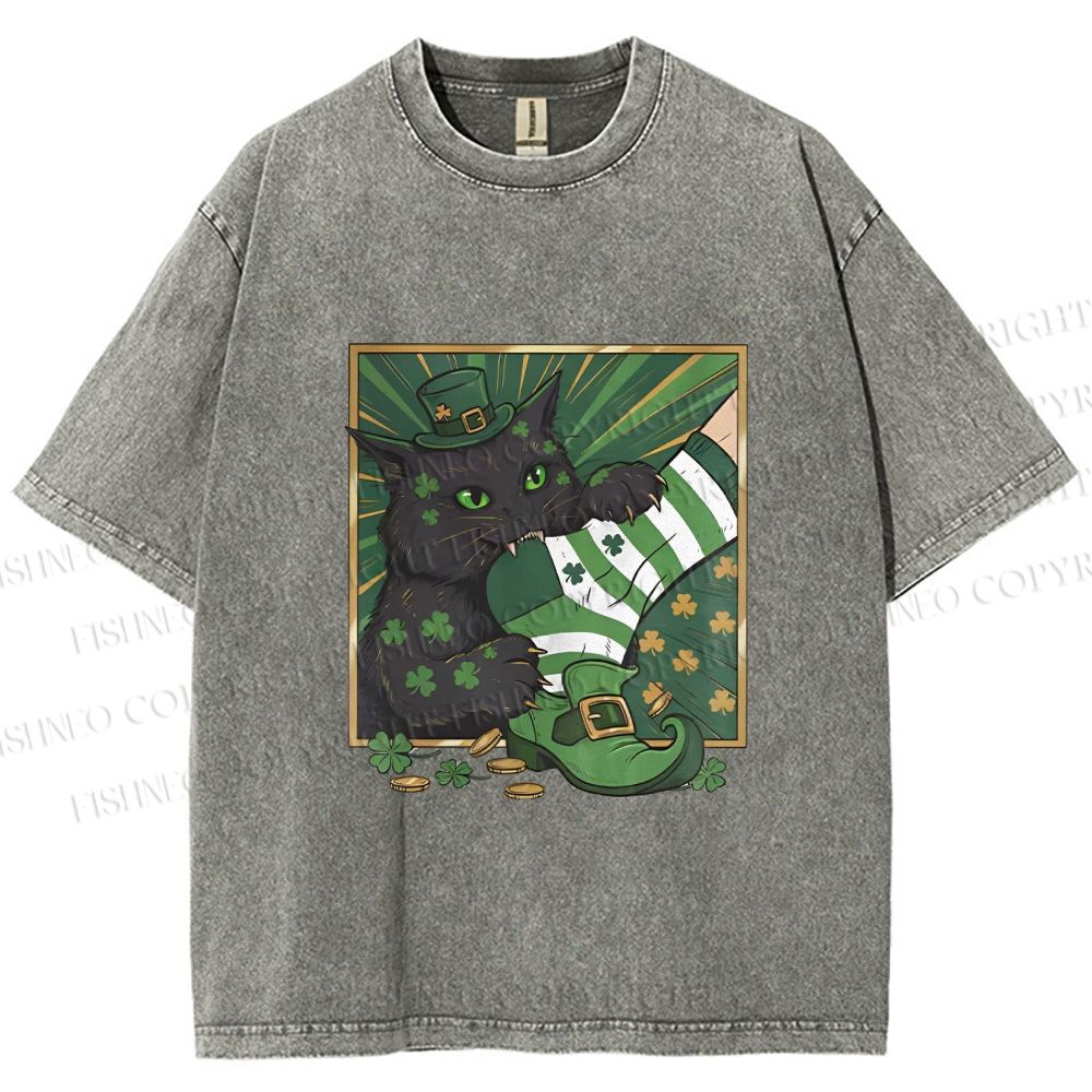 Unisex St.Patrick's Lucky Cat Printed Washed Tee