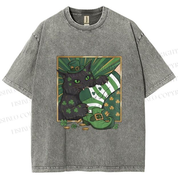 Unisex St.Patrick's Lucky Cat Printed Washed Tee