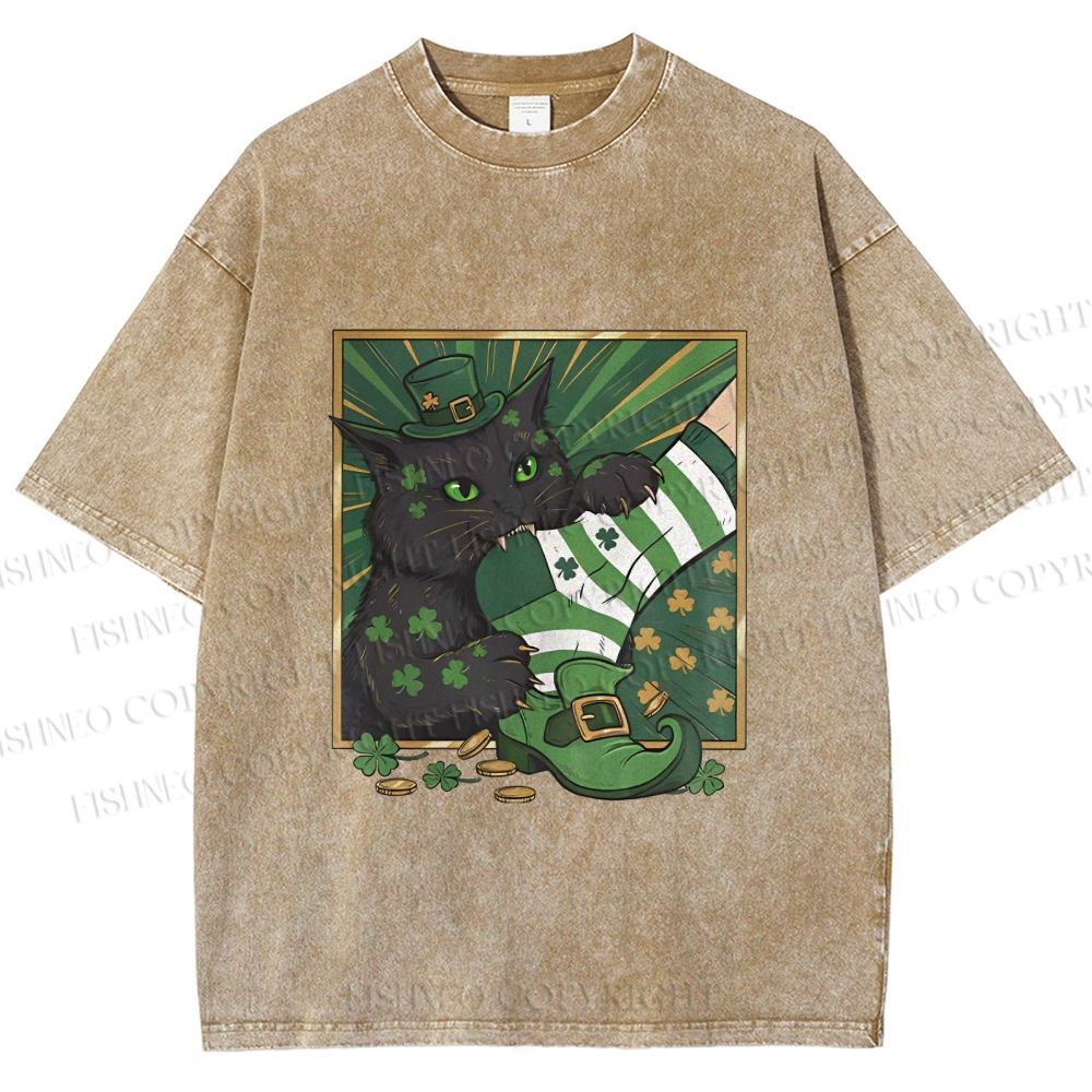 Unisex St.Patrick's Lucky Cat Printed Washed Tee