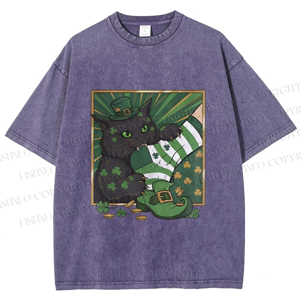 Unisex St.Patrick's Lucky Cat Printed Washed Tee