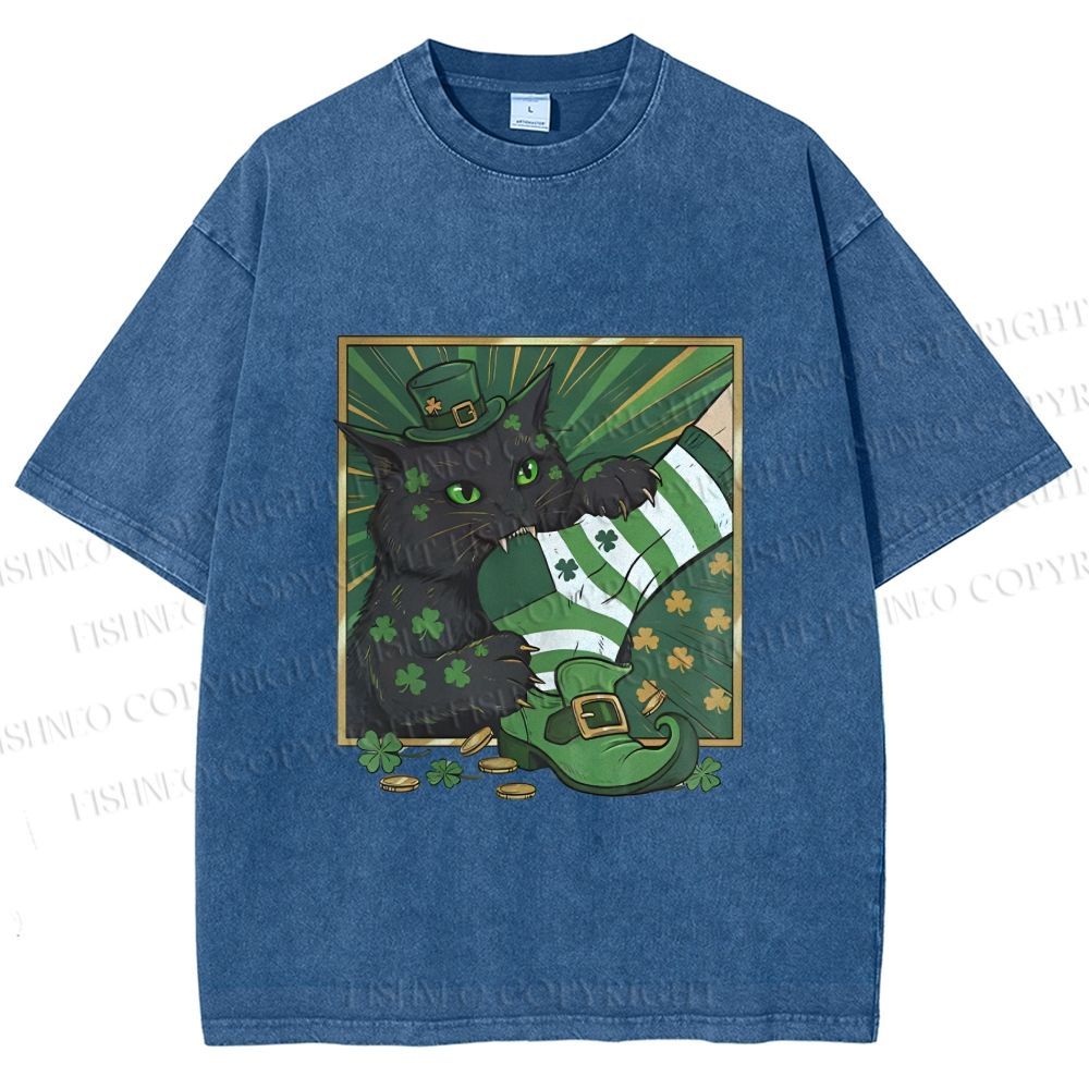 Unisex St.Patrick's Lucky Cat Printed Washed Tee