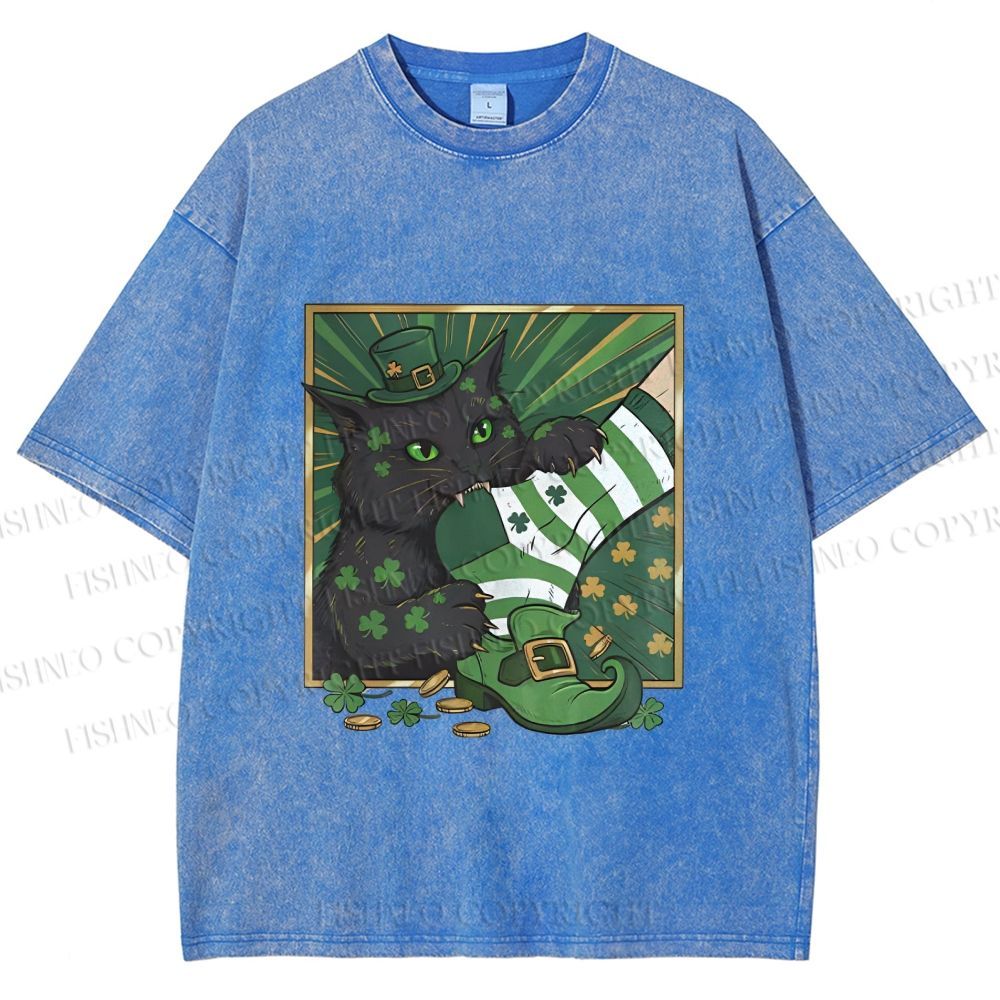 Unisex St.Patrick's Lucky Cat Printed Washed Tee